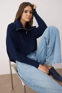 TRENDYOLMİLLA Navy Blue Wide Pattern Turndown collar Zippered Knitwear Cardigan - Image 6