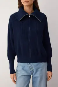 TRENDYOLMİLLA Navy Blue Wide Pattern Turndown collar Zippered Knitwear Cardigan - Image 8