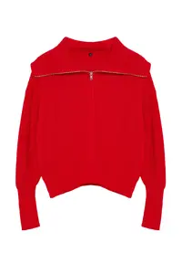 TRENDYOLMİLLA Red Wide Pattern Turndown collar Zippered Knitwear Cardigan - Image 6