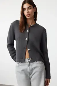 TRENDYOLMİLLA Anthracite Basic Jacket Look Knitwear Cardigan