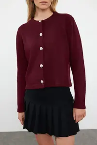 TRENDYOLMİLLA Burgundy Basic Jacket Look Knitwear Cardigan - Image 3