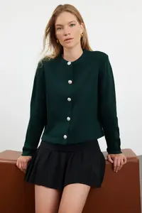 TRENDYOLMİLLA Emerald Green Basic Jacket Look Knitwear Cardigan