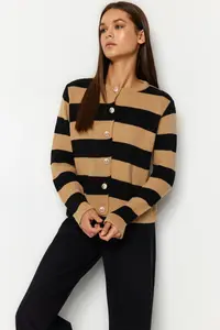 TRENDYOLMİLLA Camel Striped Basic Jacket Look Knitwear Cardigan - Image 2