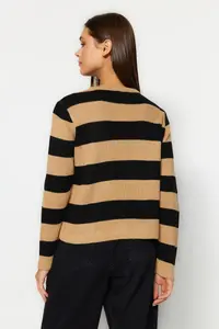 TRENDYOLMİLLA Camel Striped Basic Jacket Look Knitwear Cardigan - Image 6