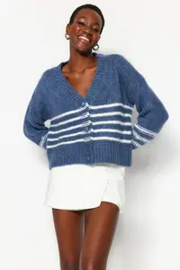TRENDYOLMİLLA Indigo Soft textured Striped Knitwear Cardigan - Image 2