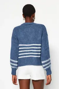TRENDYOLMİLLA Indigo Soft textured Striped Knitwear Cardigan - Image 5