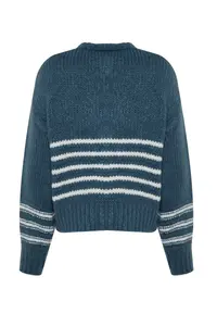 TRENDYOLMİLLA Indigo Soft textured Striped Knitwear Cardigan - Image 8