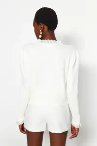 TRENDYOLMİLLA Ecru Soft textured Lace Detailed Knitwear Cardigan - Image 5
