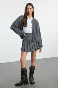 TRENDYOLMİLLA Anthracite Wide Pattern Bomber Jacket Jacket Collar Zippered Knitwear Cardigan - Image 3