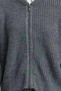 TRENDYOLMİLLA Anthracite Wide Pattern Bomber Jacket Jacket Collar Zippered Knitwear Cardigan - Image 5