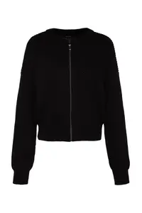 TRENDYOLMİLLA Black Wide Pattern Bomber Jacket Jacket Collar Zippered Knitwear Cardigan - Image 6