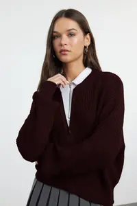 TRENDYOLMİLLA Brown Wide Pattern Bomber Jacket Jacket Collar Zippered Knitwear Cardigan