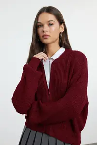 TRENDYOLMİLLA Burgundy Wide Pattern Bomber Jacket Jacket Collar Zippered Knitwear Cardigan