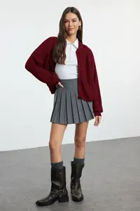 TRENDYOLMİLLA Burgundy Wide Pattern Bomber Jacket Jacket Collar Zippered Knitwear Cardigan - Image 2
