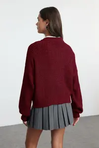 TRENDYOLMİLLA Burgundy Wide Pattern Bomber Jacket Jacket Collar Zippered Knitwear Cardigan - Image 5