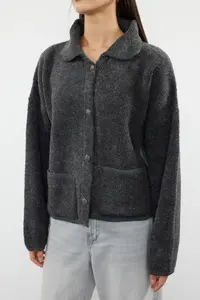 TRENDYOLMİLLA Anthracite Super Wide Pattern Polo Shirt Collar Buklet Knitwear Cardigan - Image 3