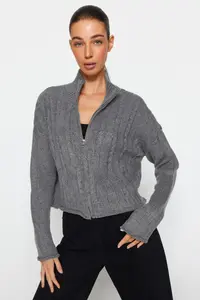 TRENDYOLMİLLA Anthracite Crop Soft textured Zippered Hair Braided Knitwear Cardigan - Image 2