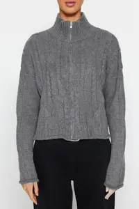 TRENDYOLMİLLA Anthracite Crop Soft textured Zippered Hair Braided Knitwear Cardigan - Image 3