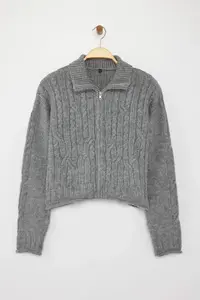 TRENDYOLMİLLA Anthracite Crop Soft textured Zippered Hair Braided Knitwear Cardigan - Image 6