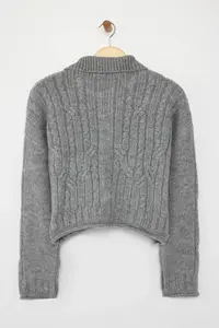 TRENDYOLMİLLA Anthracite Crop Soft textured Zippered Hair Braided Knitwear Cardigan - Image 7