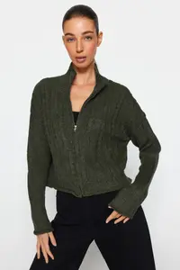 TRENDYOLMİLLA Khaki Crop Soft textured Zippered Hair Braided Knitwear Cardigan - Image 3