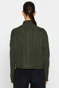 TRENDYOLMİLLA Khaki Crop Soft textured Zippered Hair Braided Knitwear Cardigan - Image 6