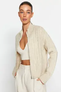 TRENDYOLMİLLA Stone Crop Soft textured Zippered Hair Braided Knitwear Cardigan - Image 2