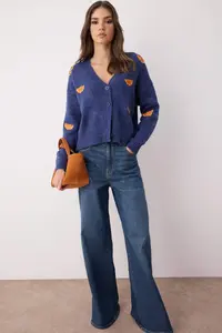 TRENDYOLMİLLA Indigo Soft textured Embroidery Detailed V-neck Knitwear Cardigan - Image 2