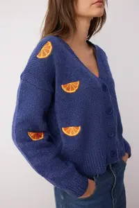 TRENDYOLMİLLA Indigo Soft textured Embroidery Detailed V-neck Knitwear Cardigan - Image 3