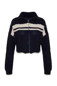TRENDYOLMİLLA Navy Blue Crop Color Bloklu Dog collar Knitwear Cardigan - Image 11