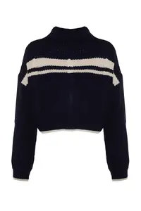TRENDYOLMİLLA Navy Blue Crop Color Bloklu Dog collar Knitwear Cardigan - Image 13