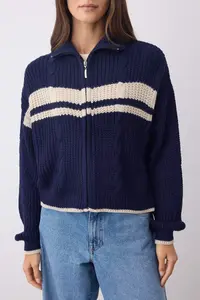TRENDYOLMİLLA Navy Blue Crop Color Bloklu Dog collar Knitwear Cardigan - Image 4
