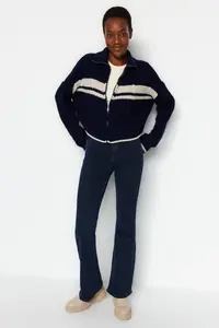 TRENDYOLMİLLA Navy Blue Crop Color Bloklu Dog collar Knitwear Cardigan - Image 8