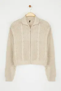 TRENDYOLMİLLA Stone*001 Crop/Short Plain Dog collar Knitwear Cardigan - Image 5