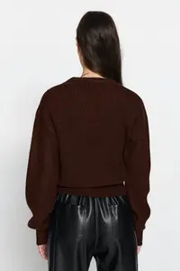 TRENDYOLMİLLA Brown Soft textured Double breasted Collar Knitwear Cardigan - Image 6