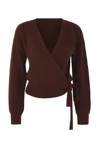 TRENDYOLMİLLA Brown Soft textured Double breasted Collar Knitwear Cardigan - Image 7