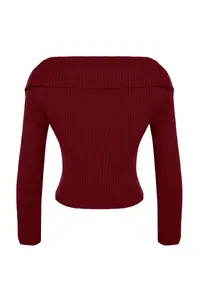 TRENDYOLMİLLA Burgundy Crop Turndown collar Knitwear Cardigan - Image 6