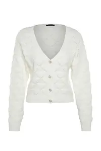 TRENDYOLMİLLA Ecru Cellular/Delikli V-neck Knitwear Cardigan - Image 6