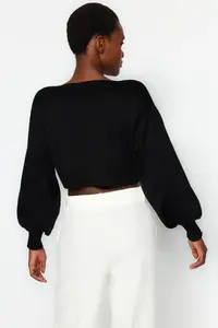 TRENDYOLMİLLA Black Super Crop Basic with bow Knitwear Cardigan - Image 10