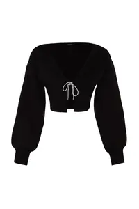 TRENDYOLMİLLA Black Super Crop Basic with bow Knitwear Cardigan - Image 11