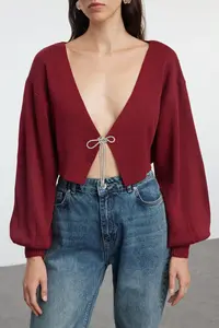 TRENDYOLMİLLA Burgundy Super Crop Basic with bow Knitwear Cardigan - Image 3
