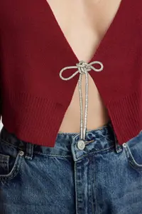 TRENDYOLMİLLA Burgundy Super Crop Basic with bow Knitwear Cardigan - Image 4
