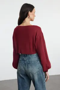 TRENDYOLMİLLA Burgundy Super Crop Basic with bow Knitwear Cardigan - Image 5
