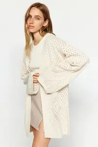 TRENDYOLMİLLA Stone Wide Pattern Midi Cellular/Perforated Knitwear Cardigan