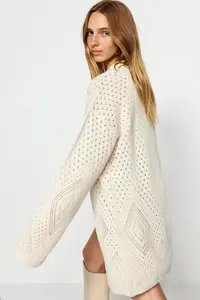 TRENDYOLMİLLA Stone Wide Pattern Midi Cellular/Perforated Knitwear Cardigan - Image 2