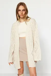 TRENDYOLMİLLA Stone Wide Pattern Midi Cellular/Perforated Knitwear Cardigan - Image 3