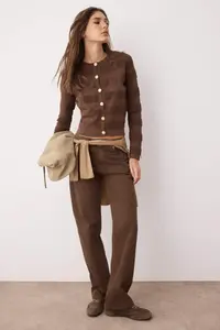 TRENDYOLMİLLA Brown Crew Neck Knitwear Cardigan - Image 2