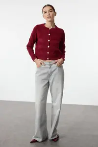 TRENDYOLMİLLA Burgundy Crew Neck Knitwear Cardigan - Image 2