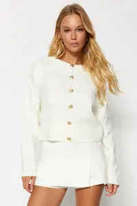 TRENDYOLMİLLA Ecru Crew Neck Jacket Look Knitwear Cardigan - Image 2