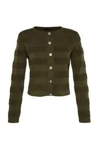 TRENDYOLMİLLA Khaki Crew Neck Jacket Look Knitwear Cardigan - Image 6